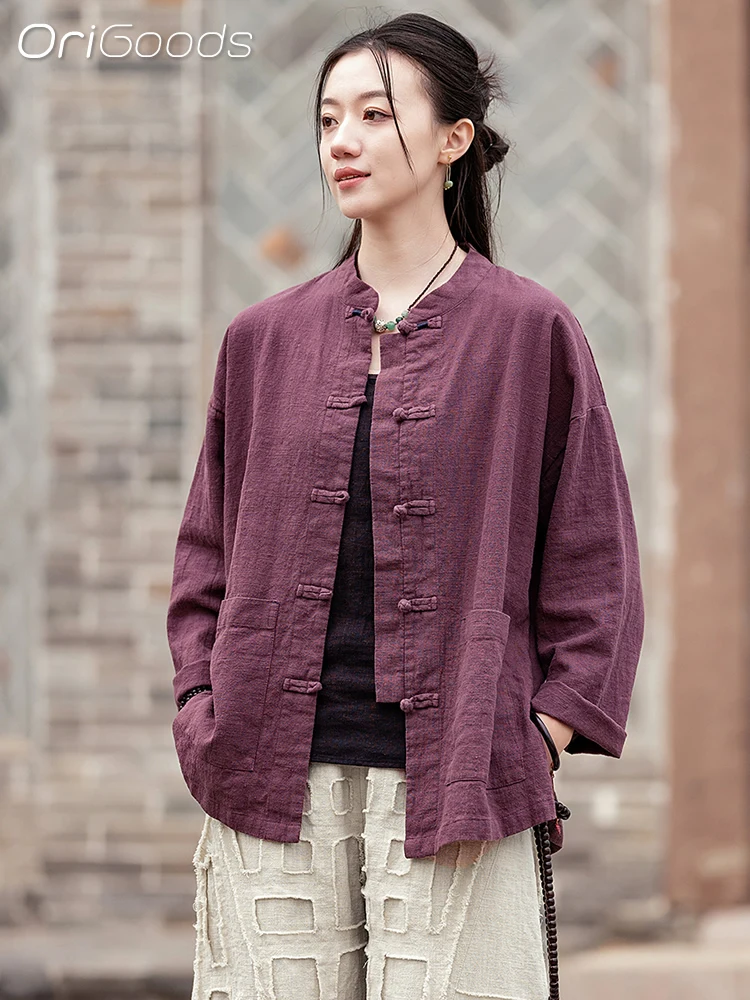 

OriGoods 2025: весенняя новая рубашка с длинным рукавом, женская хлопковая рубашка Ramie в китайском стиле, одежда Тай Чи Дзен, женские топы C096