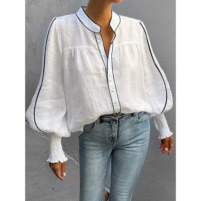 

Tinaa Plus Size Women's Shirts & Blouses 2025 New 100% Cotton Tops Commute Spliced Puff Sleeve Button Down Blouses 155387