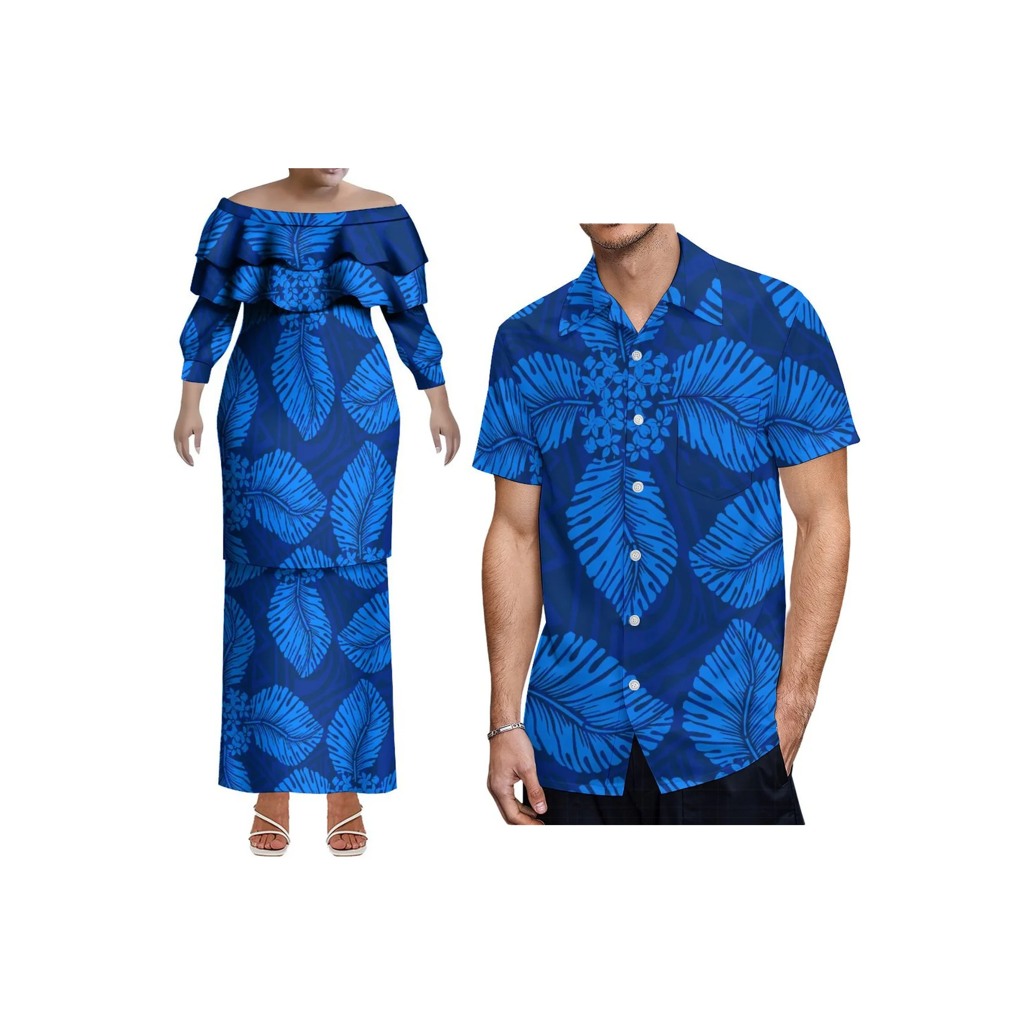 Alta qualidade personalizado tamanho grande tonga puletasi vestido polyensian impressão feminina fora do ombro vestido duplo em camadas plissado 2 peças