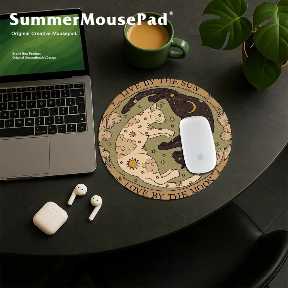 Black White Moon Office White Cat Mouse Pad Sun Moon Round Mousepad Computer Desk Pad Non-Slip Gaming Mat Office Accessories