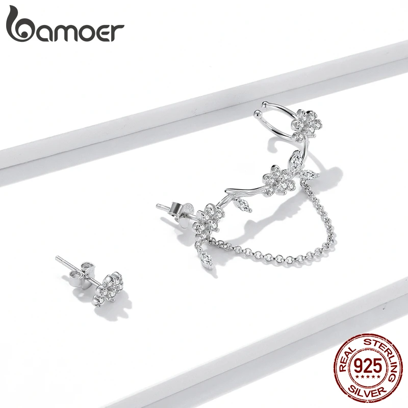 bamoer Silver Blossoming Flowers Earring 925 Sterling Silver Asymmetric Clear CZ Earring for Women Wedding Trendy Jewelry BSE476 image 4