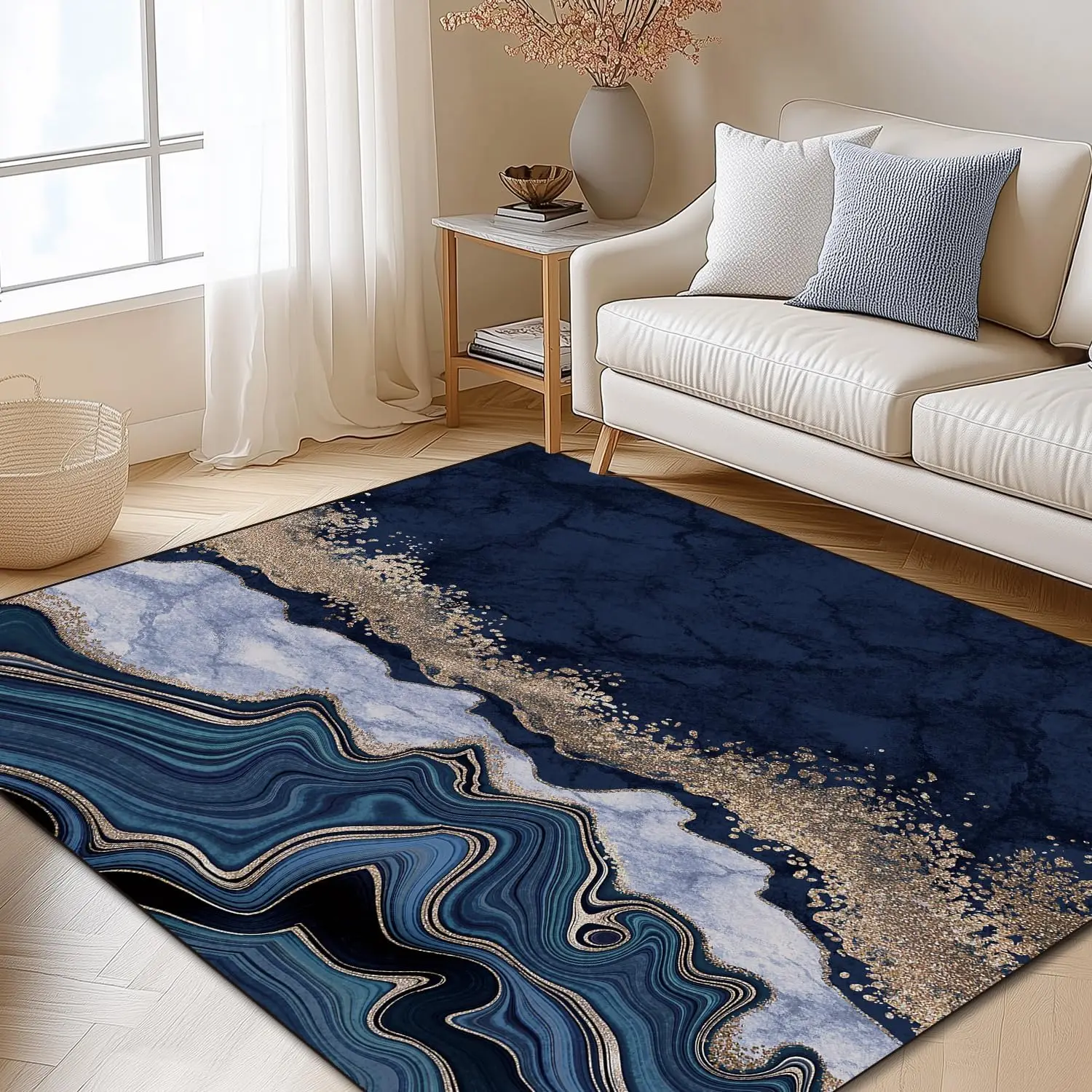Navy Blue Golden Marble Abstract Area Rug, Non Slip Carpet for Living Room Bedroom, Versatile Kids Home Decor