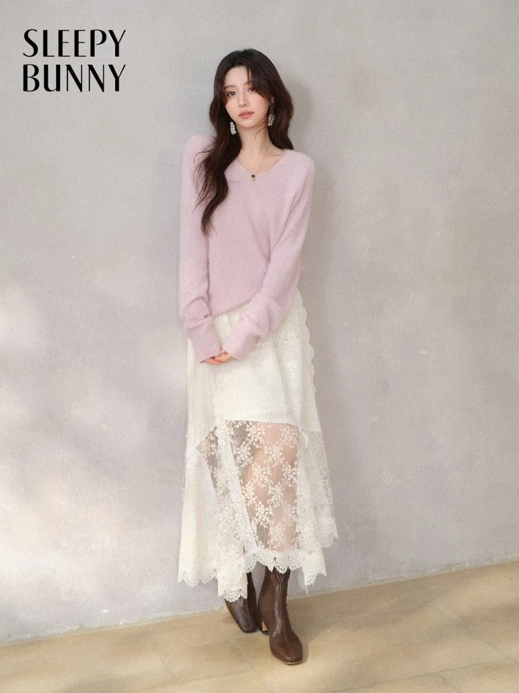 Women Romantic Skirt Early Spring Layered Lace Patchwork Elastic Waist Flowy Mesh Midi Bottom for Lady Casual Daily Wear Chic