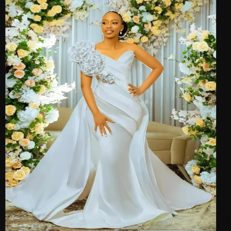 Customized Handmade Flowers Beads One Shoulder Wedding Dress with Removable Skirt  Robe De Marriage  Country Satin Bridal Gowns