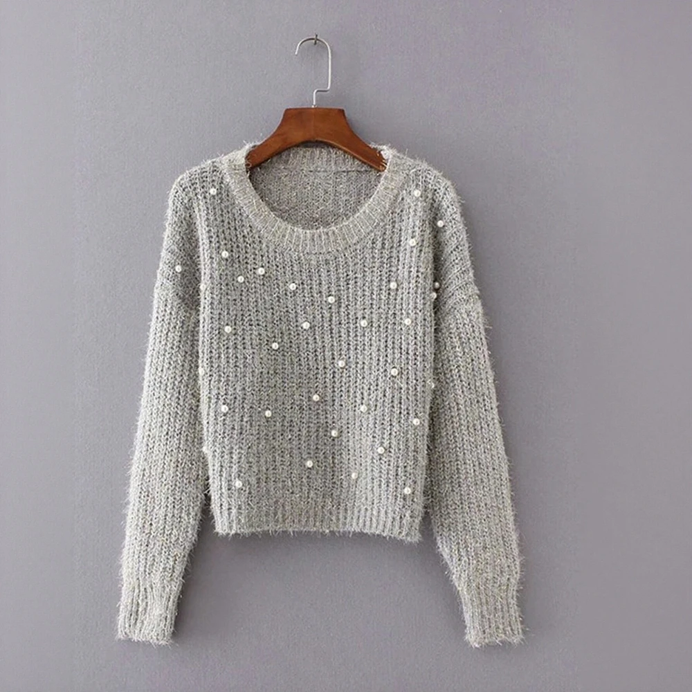 

Women's Long Sleeve round Neck Sweater Elegant Beaded Solid Color Autumn Winter Daily Wear Decent Fashion Top