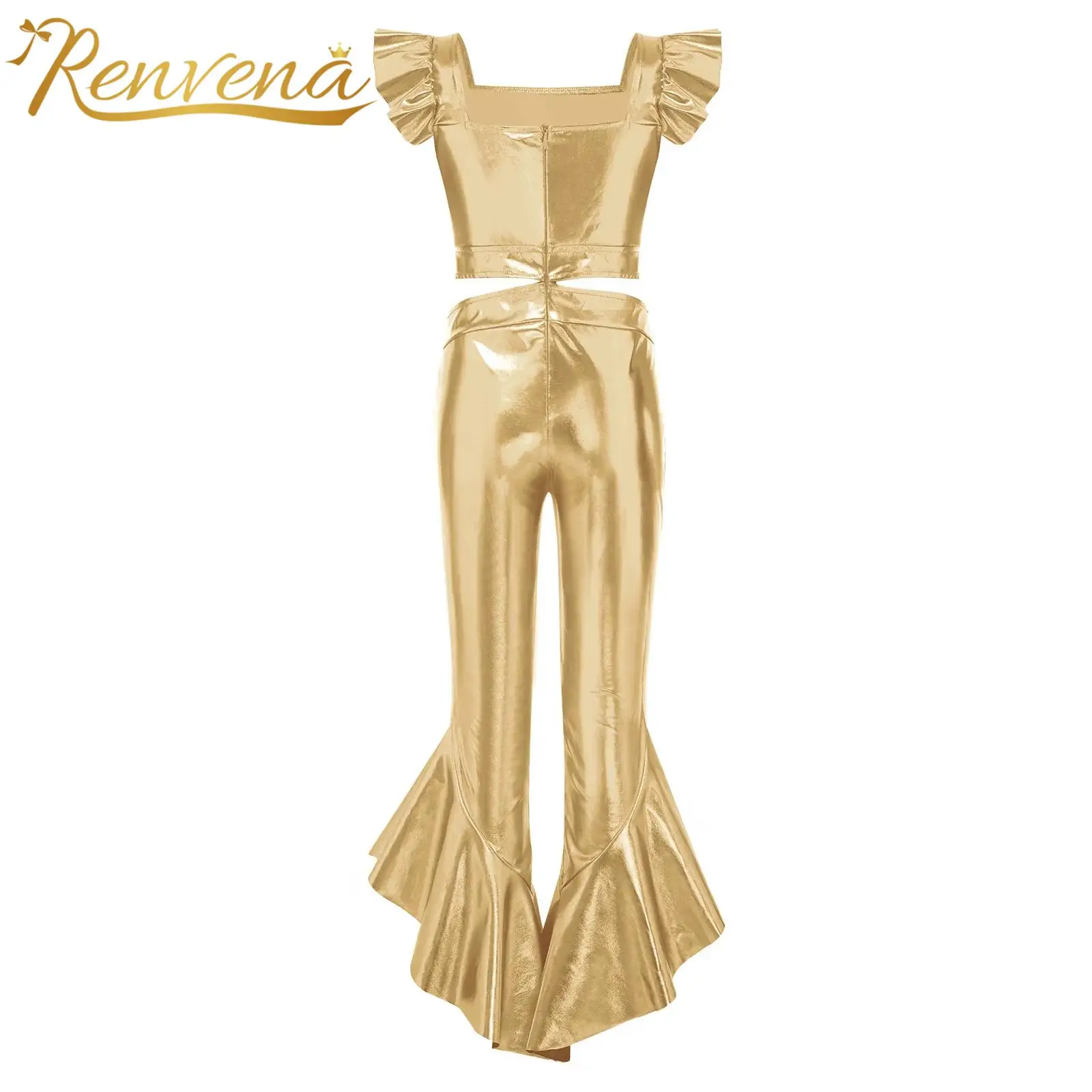 Children Shiny Metallic Flared Jumpsuit Girls Romper Flares Pants Disco Costume Kids Streetwear Jazz Hip Hop Party Outfits