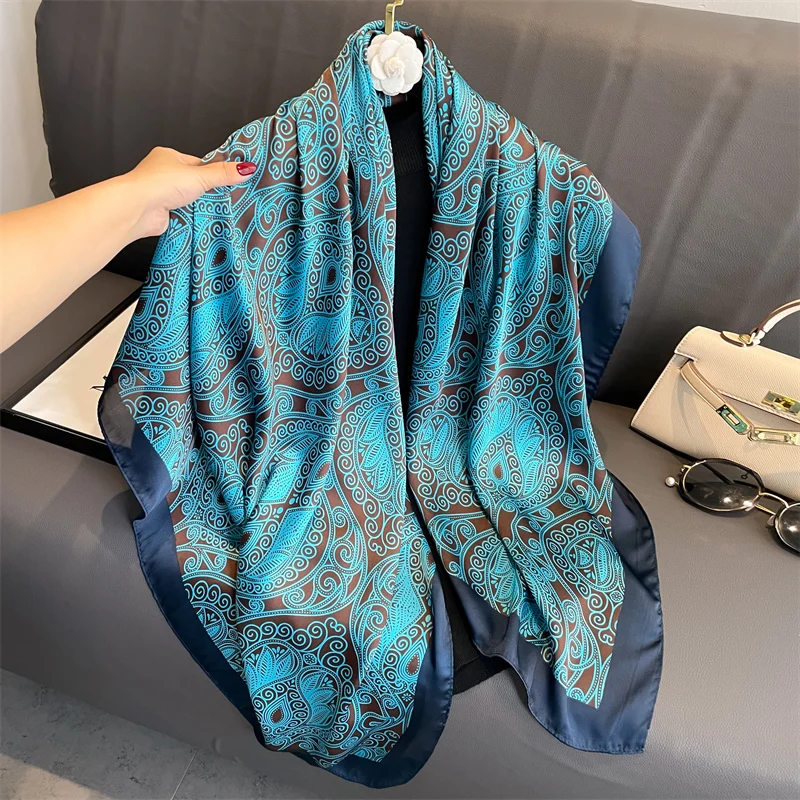 110x110cm kobiety jedwabny kwadratowy szalik hidżab kobiecy wzór drukuj damski szal okłady Foulard opaski na głowę Bufanda duża chustka luksusowe 2023