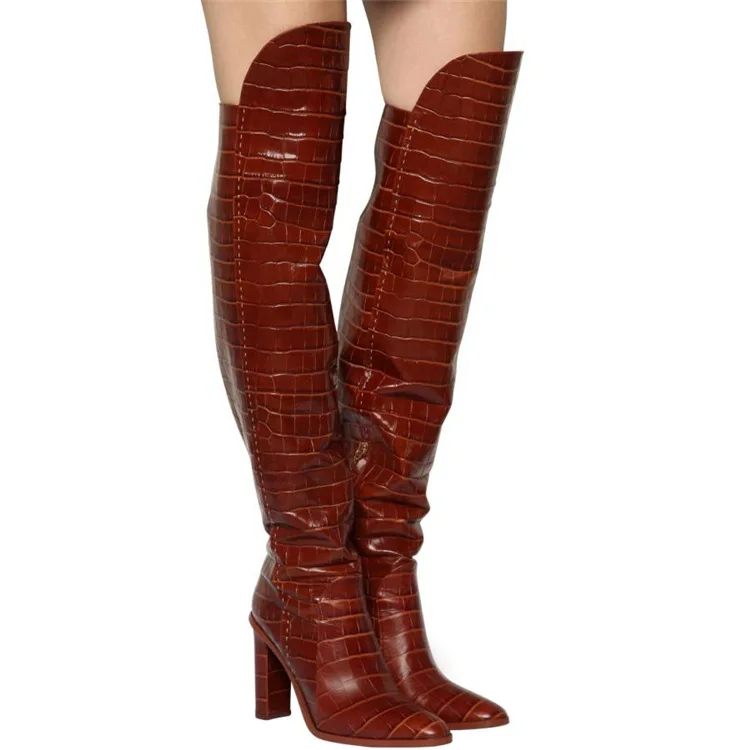 

Spring Winter Women Leather Square Heel Over The Knee Boots Female Pointed Toe Side Zipper Boots