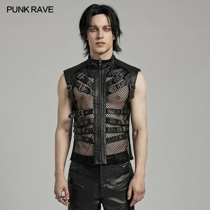 

PUNK RAVE Men's Punk Personality Mesh Handsome Hollow Vest Daily Unrestrained Sexy Cool Blak Tops Men Clothing Summer