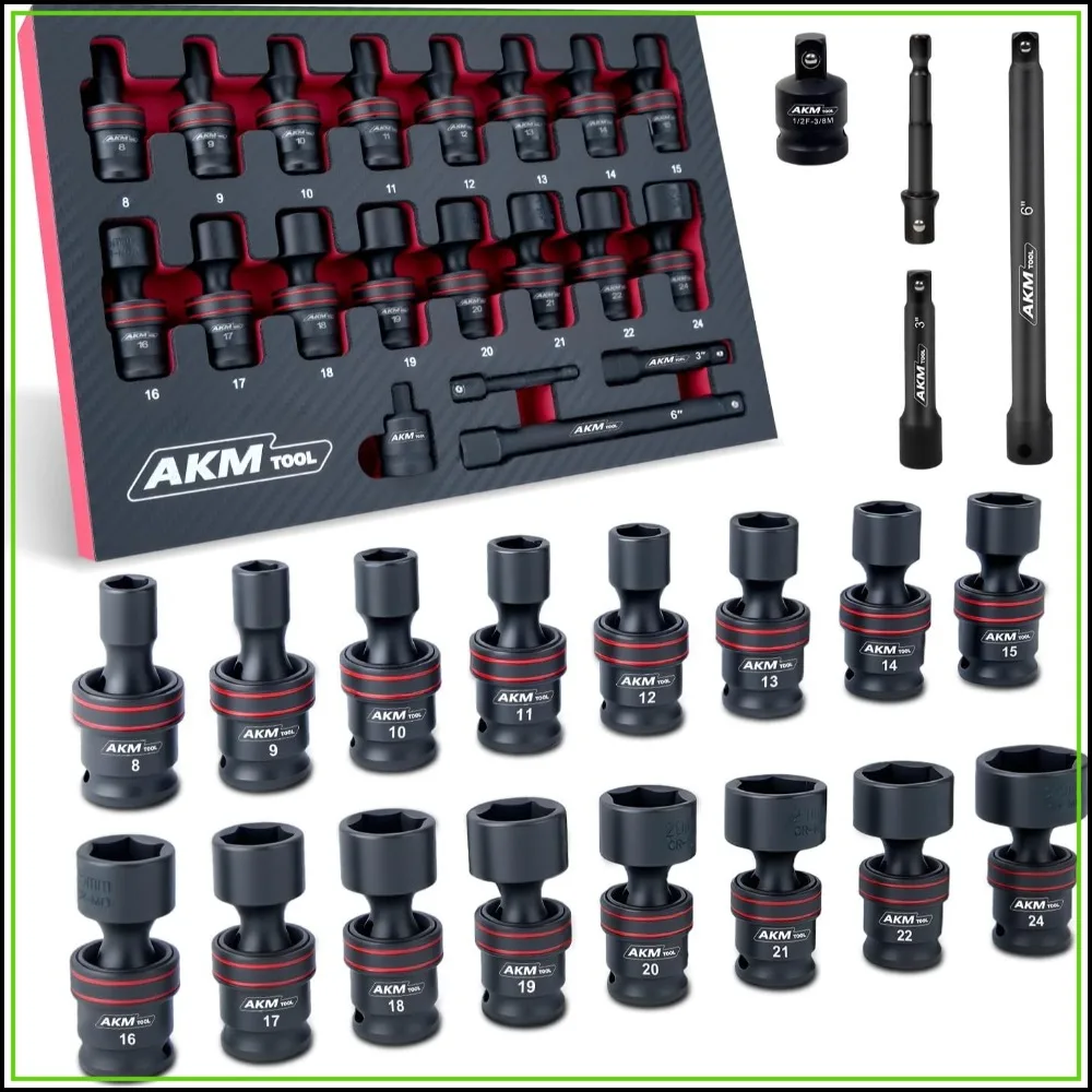 

3/8" Drive Universal Impact Socket Set, 20-Piece Swivel Sockets, 6-Point, Metric 8-24mm, Cr-Mo, with Extensions & Adapters