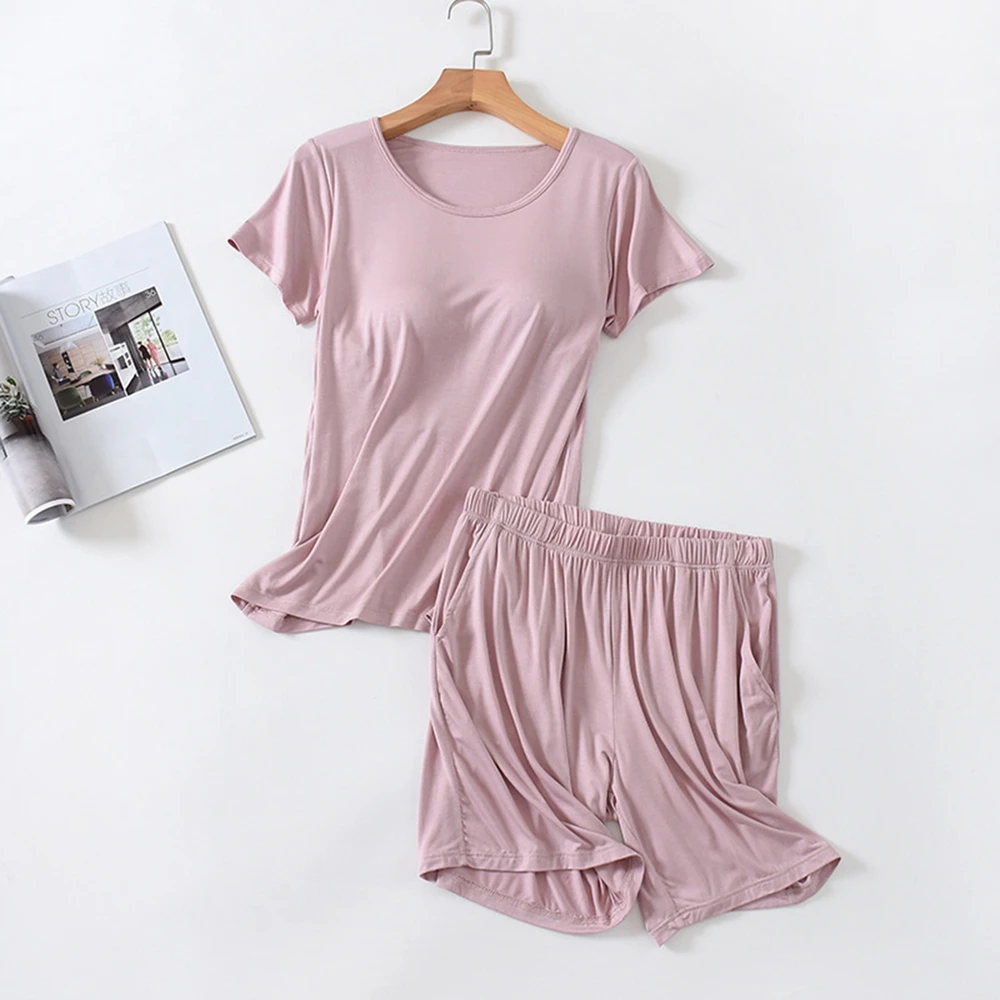 Women\'s Round Neck Home Wear Set Modal Solid color Summer Leisure Pajama Sets