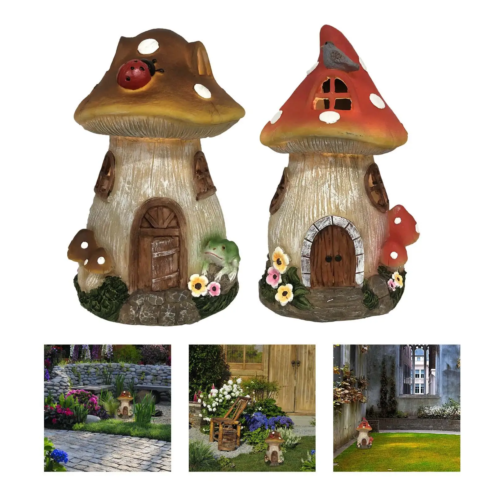 

Mushroom House Statue Night Light Lawn Ornament Resin Figurine for Outside