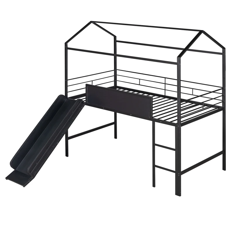 Casa de metal cama com Slide, Twin Size Metal Loft cama, frente e verso gravável madeira placa, preto