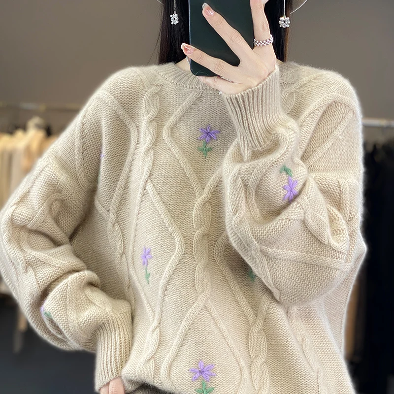 New Autumn Winter Thick O-Neck Pullover female 100% Merino Wool Sweater Embroidered Long Sleeve Sweater Korean Women's Clothes