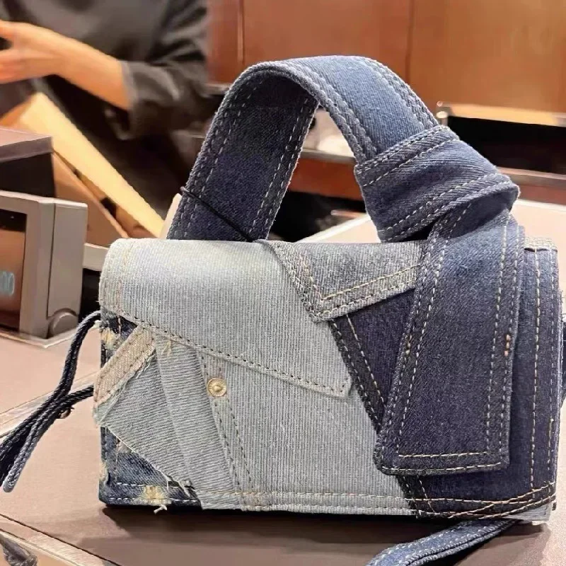 Winter New Simple Denim Splicing Small Square Bag Ladies Fashion High Quality Handbag Multifunctional Hundred Shoulder Bag