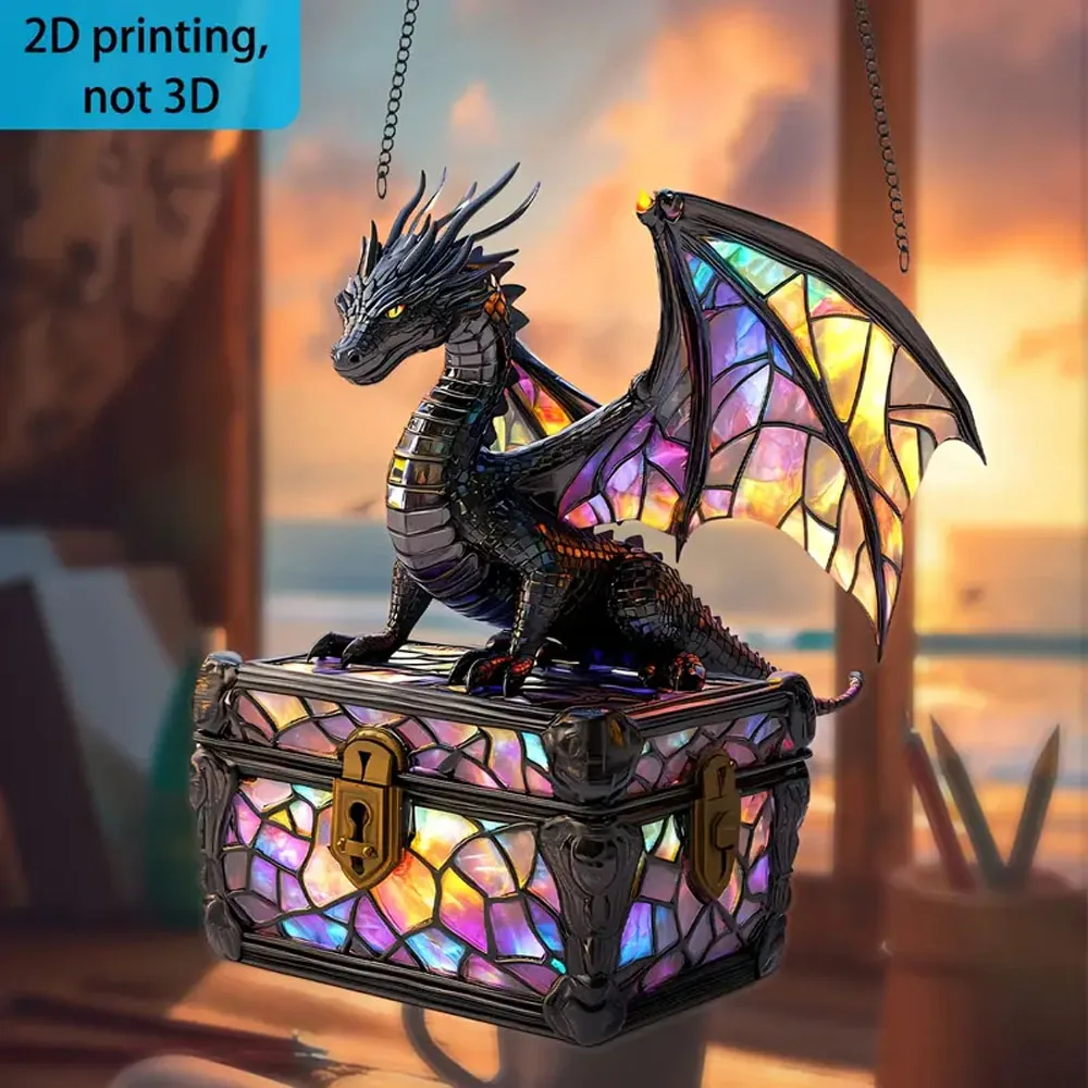 1pc, 2D Flat Print, Dragon Suncatcher Guarding Treasure, Decorative Sign, Fun Gift, Birthday Gift, Best Friend Gift, Holiday