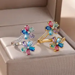 Flower Rings for Women Zircon Opening Stainless Steel Ring 2024 Trend New Wedding Engagement Jewelry Freeshipping Items anillos