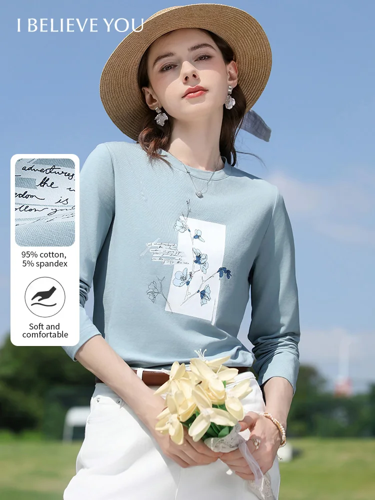 

Женская повседневная футболка I BELIEVE YOU светло-голубого цвета с цветочным принтом, весна 2026, с круглым вырезом, хлопковая, с длинным рукавом, свободный крой, 2261016197