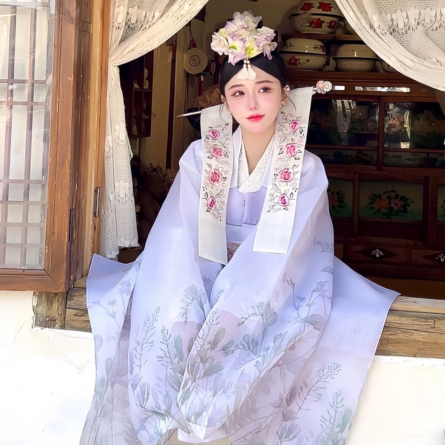 Hanbok Women Summer New Flower Gauze Dress Traditional Clothing Court Korean Wedding Dress Asia Pacific Islands Clothing 한복