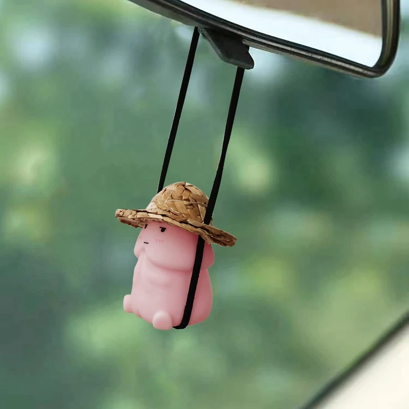 3PCS Interesting Swinging Straw Hat Cartoon Pendant Car Hanging Ornament For Rear View Mirror Car Pendant Hanging Swing