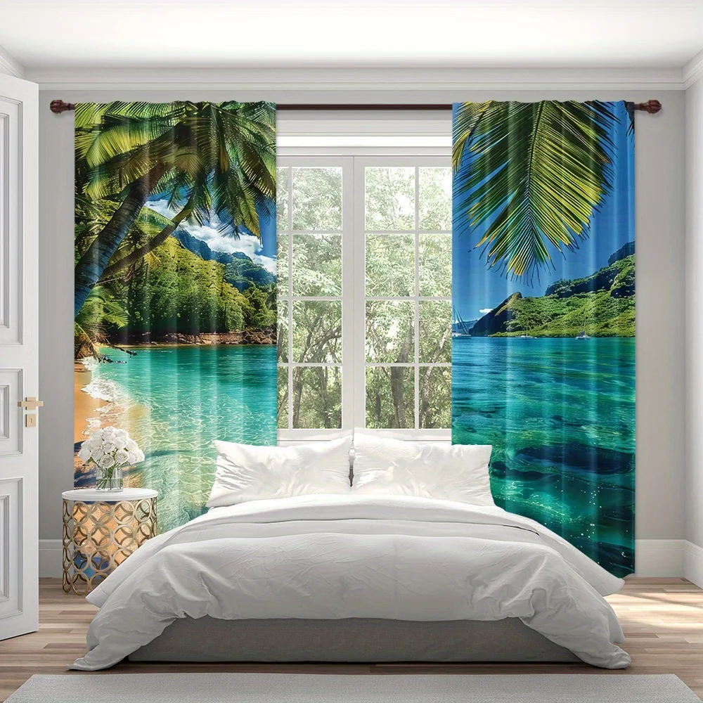 2pcs Tropical Island Curtains Palm Tree Beach Ocean Print Drape Summer Living Room Window Treatment Coastal Home Decor Panels
