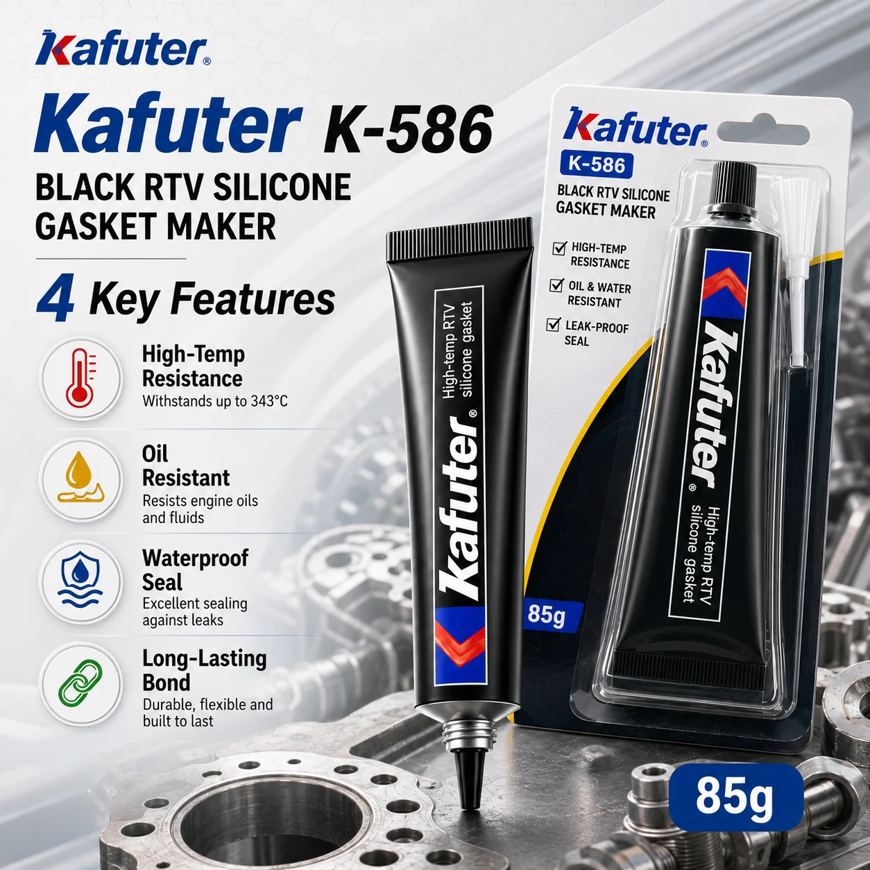 Kafuter K-586 Black RTV Silicone Sealant High Temp Waterproof Oil Resistant Gasket Maker Engine Repair Glue