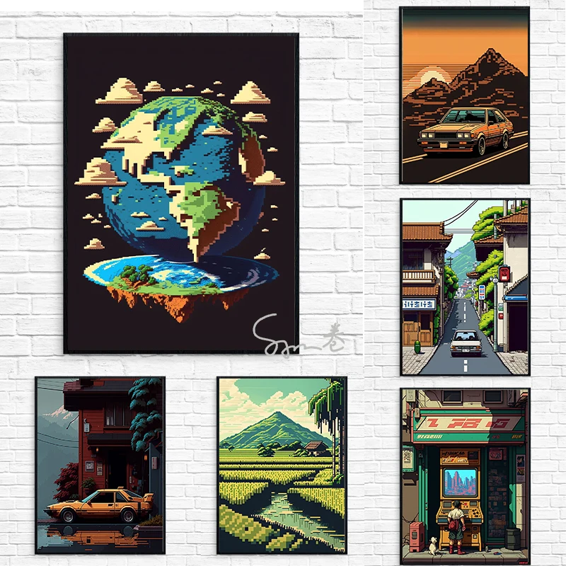 Pixel Art City Car Countryside Poster Canvas Printing Pixel Artwork Wall Decor Prints Home Living Room Kids Room Wall Art Decor