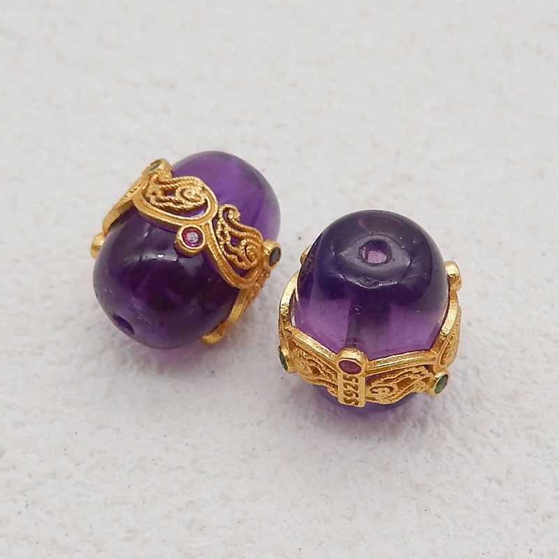 New Arrival! 1Pair Silver Gold Plated Natural Amethyst Gemstone Earring Beads, Jewelry DlY Making Accessories