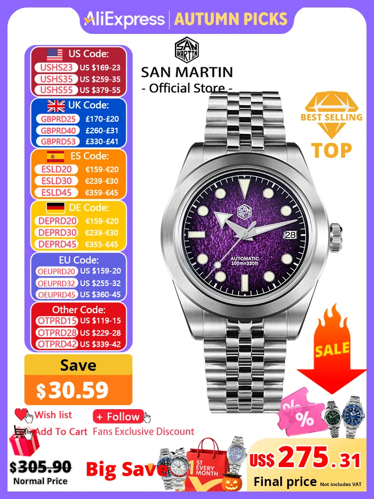 San Martin New 39mm Sport Watch Enamel Dial NH35 Automatic Mechanical Men Dress Watch Sapphire Waterproof 100m Luminous SN0053