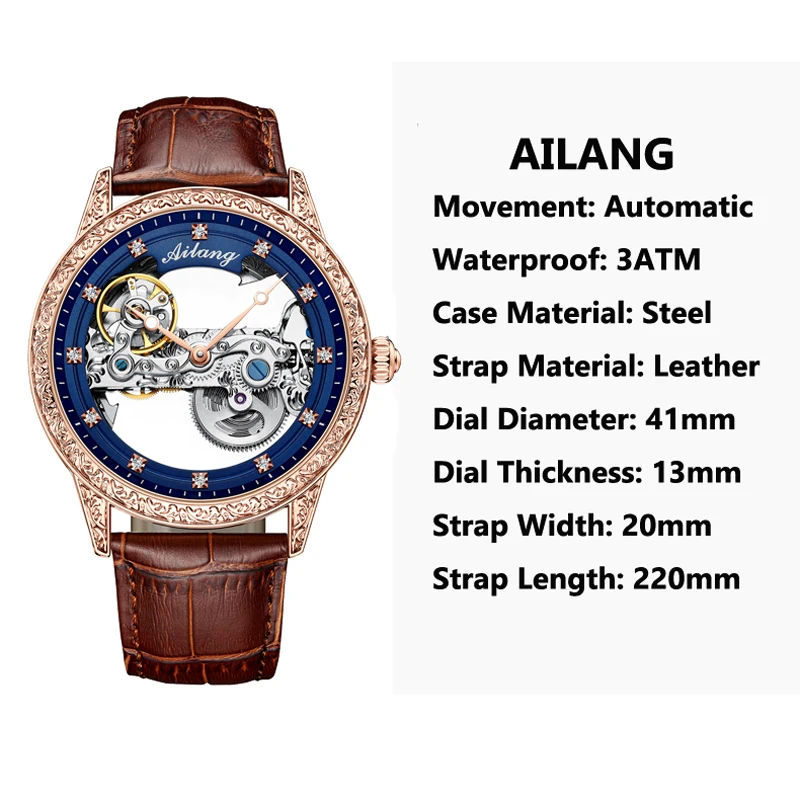 AILANG 2024 New Sport Skeleton Mechanical Watch Men Luxury Brand Leather Automatic Watches High Quality Clock Relogio Masculino