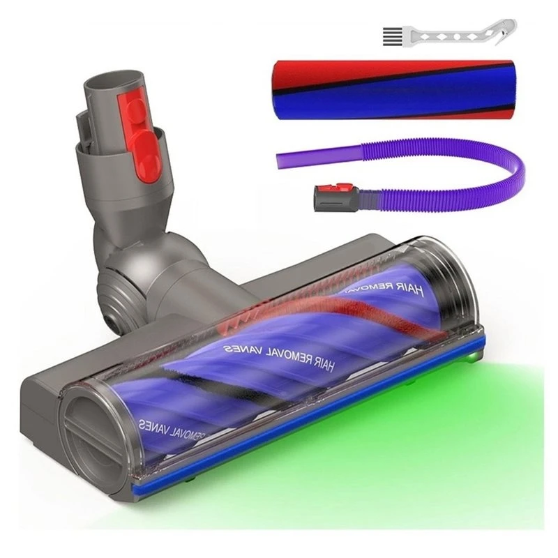2026 New Dual Roller Vacuum Brush Head Kit For Dyson V7 V8 V10 V11 V15 Featuring Velvet Spiral Rollers, Green LED Floor Head
