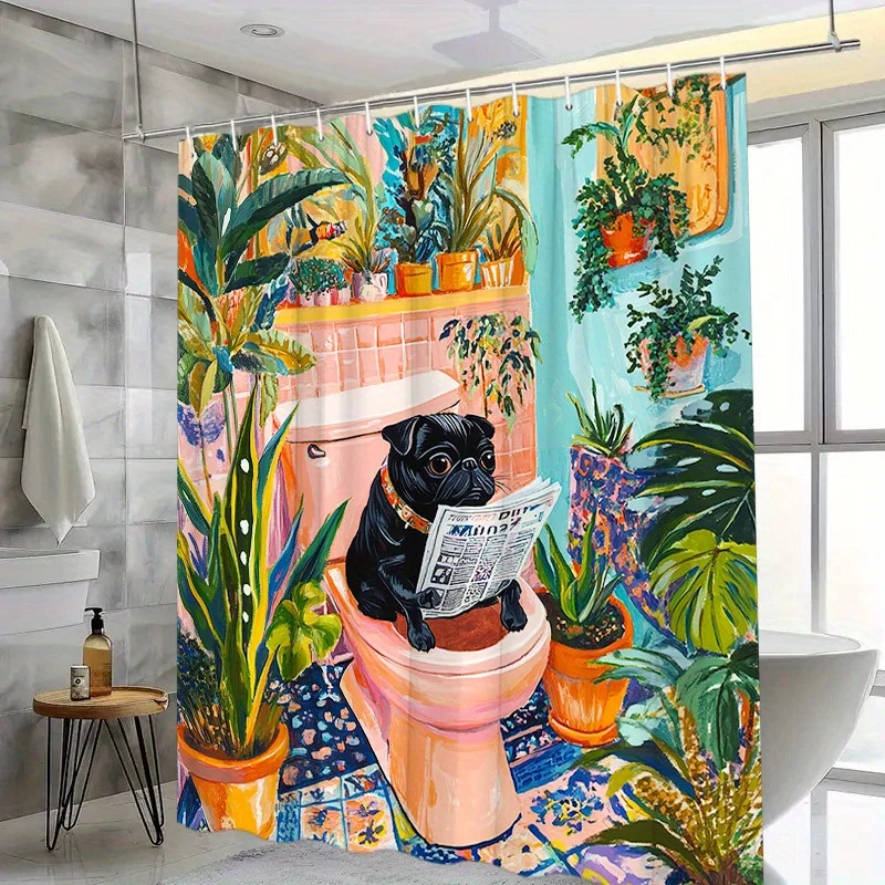 

1 шт. Занавеска для душа «Причудливый черный мопс» — розовый фон, тропические растения джунглей, полиэстер, 70,8x70,8 дюйма, 12 крючков, моющаяся