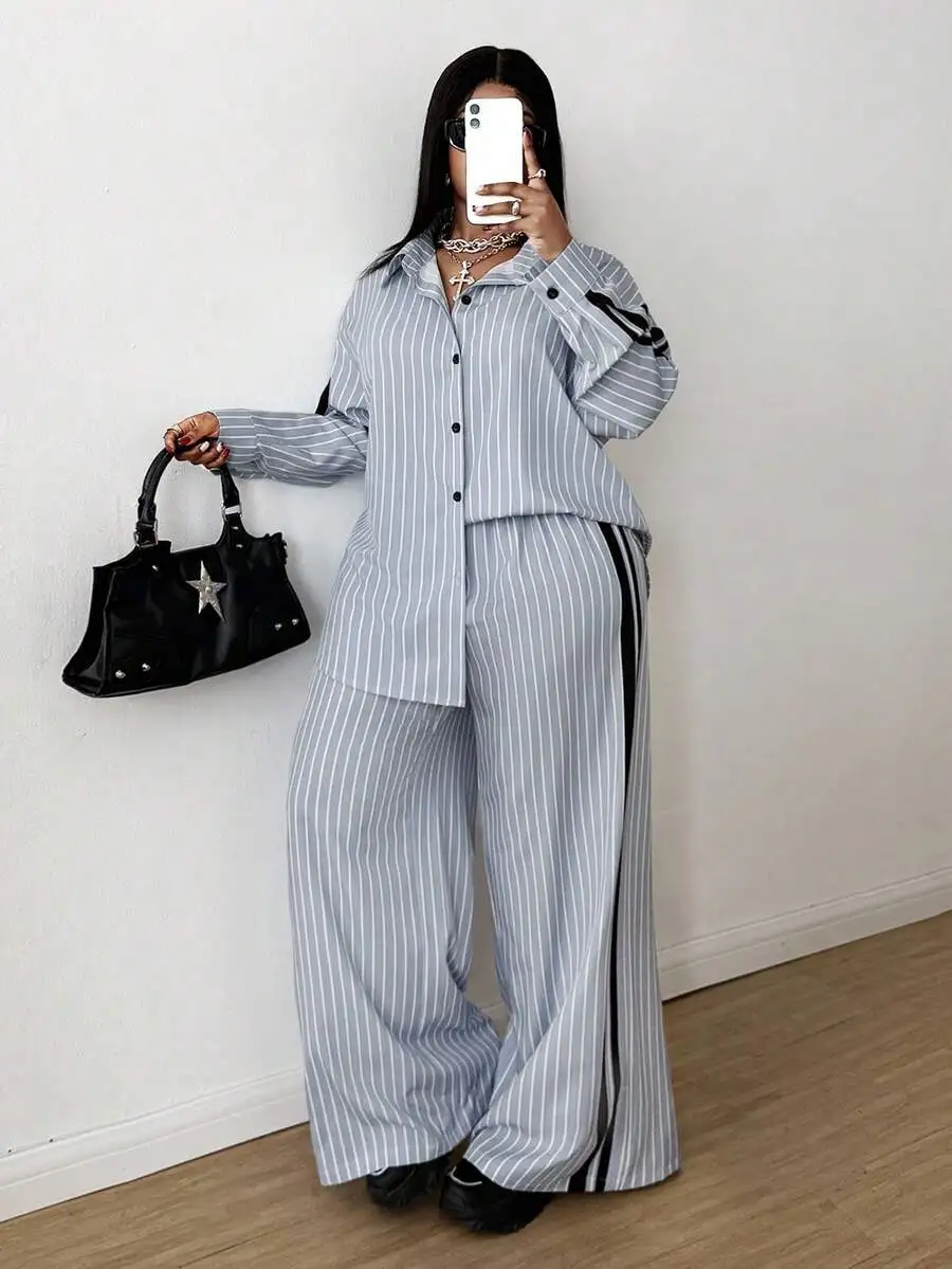 

Women's Striped Loose Button-Up Blouse and Wide-Leg Pants Set for Casual or Commute Wear