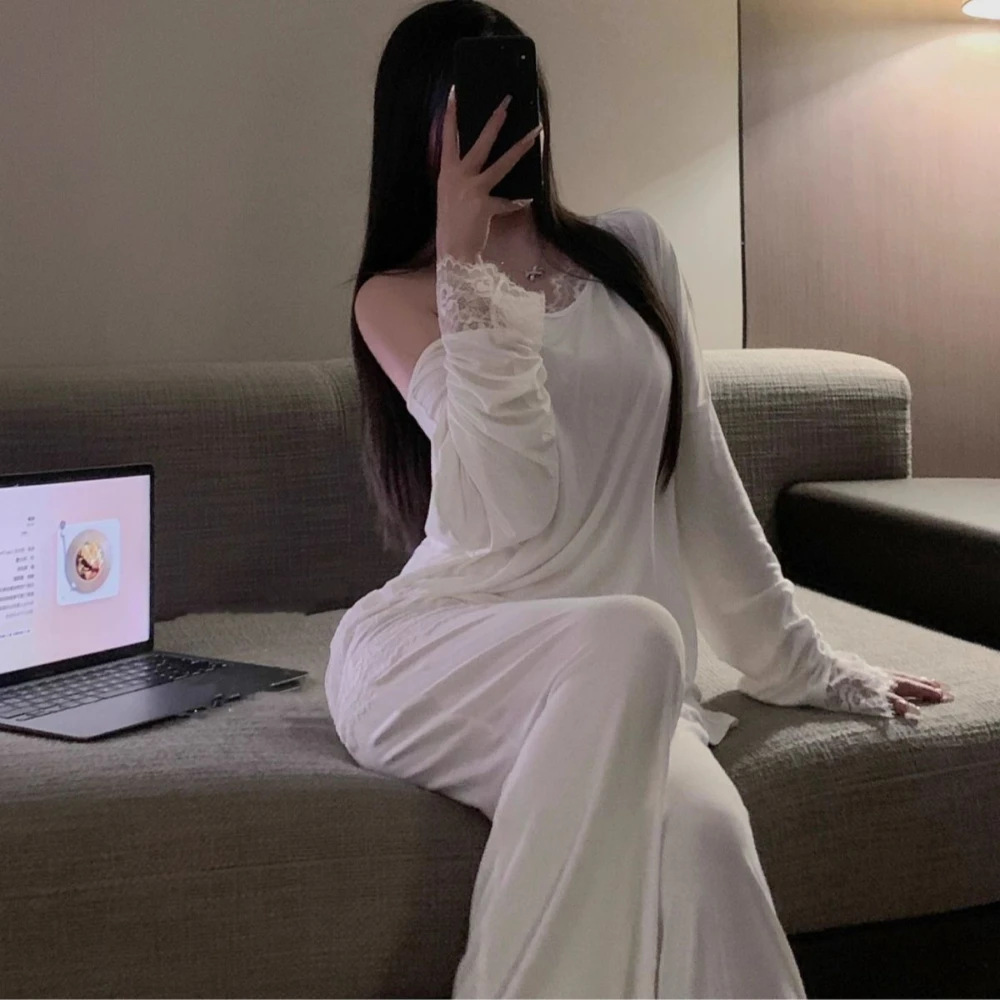 

Весенне-осенний женский кружевной сексуальный пижамный комплект с длинными рукавами и диагональными плечами, женский комплект домашней одежды