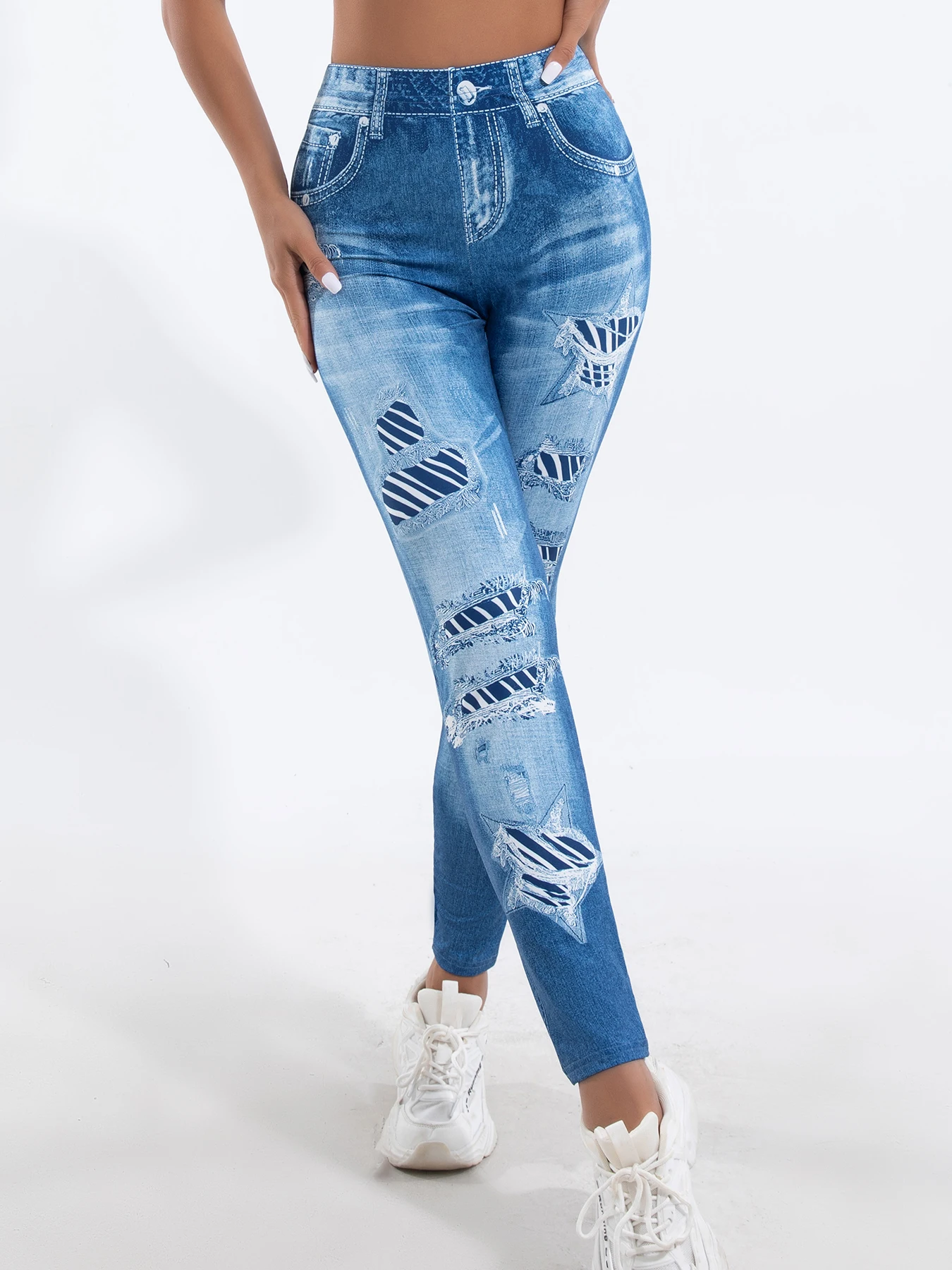 New High-waisted Imitation Denim Leggings Women Europe And America Sexy Tight Height Elastic Waist Nine-point Pants Women