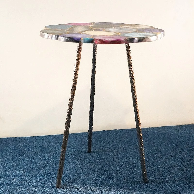 

Light luxury natural agate stone edge few designer balcony negotiation small table stainless steel corner few