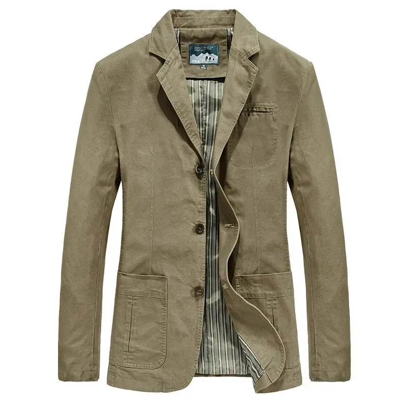 Men's Lapel Jacket with Multiple Pockets Single Button Suit Jacket Long Length Special Wide Fit Youthful Trend Cotton Clothing