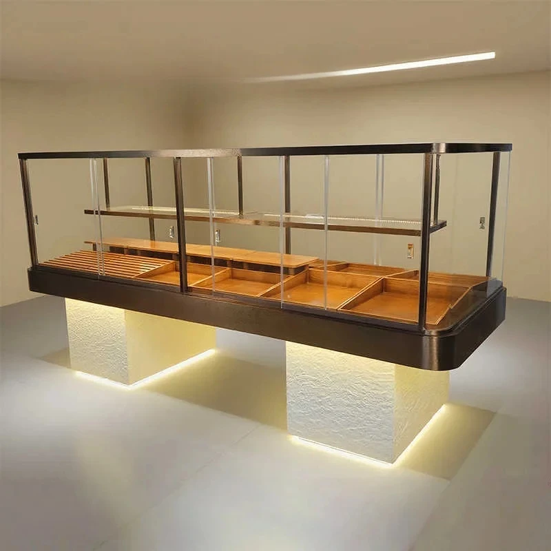 custom.Commercial Wooden Bread Pastry Display Stand LED Lighting Glass Back Heavy Duty Frame-Standing Countert