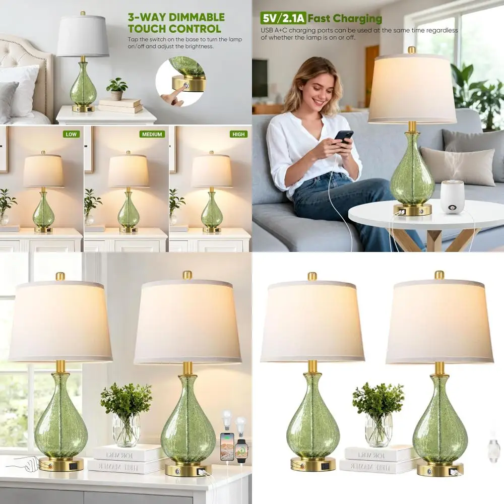 

Green Glass Table Lamps Set of 2 with USB Charging Ports, 3-Way Dimmable Touch Control, Modern 22.5 Bedside Lamps for Living Roo