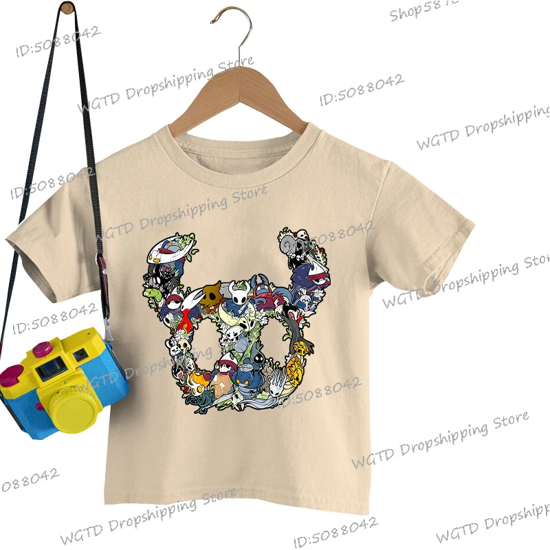 2025 الصيف الكرتون الجوف فارس مطبوعة 5-13 سنة تي شيرت بنين بنات مضحك لعبة الجوف فارس Silksong الأطفال Y2K بلايز تيز