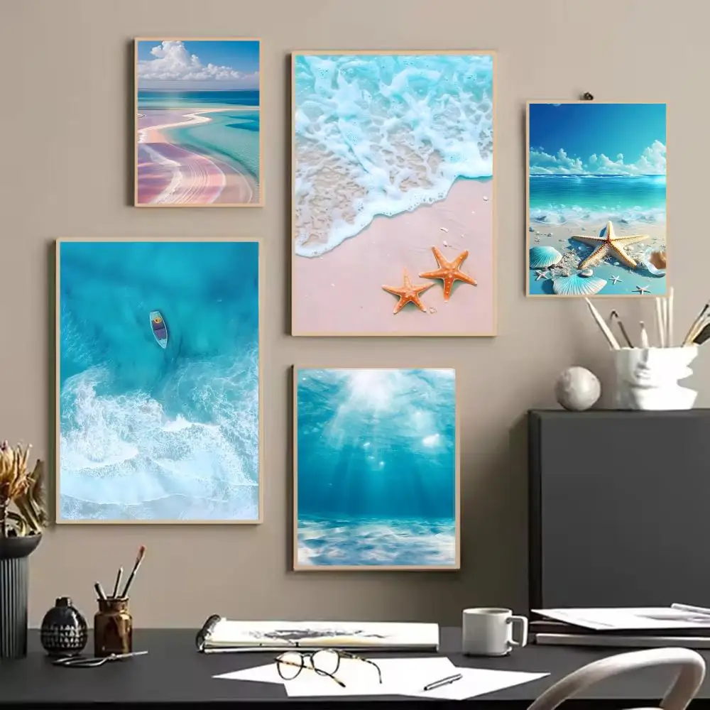 Stylish Tranquil Refreshing B-Beach Ocean Wave Poster Painting Wall Art for Living Room Home Gifts Decor Mural
