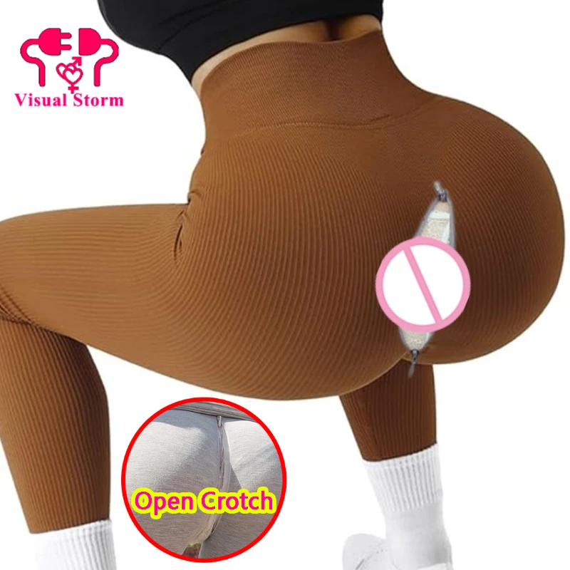 Woman Big Ass Open Crotch Panties Leggings Double Hidden Zippers Outdoor Sex Pants Seamless Boyfriend Dating Trousers Erotic
