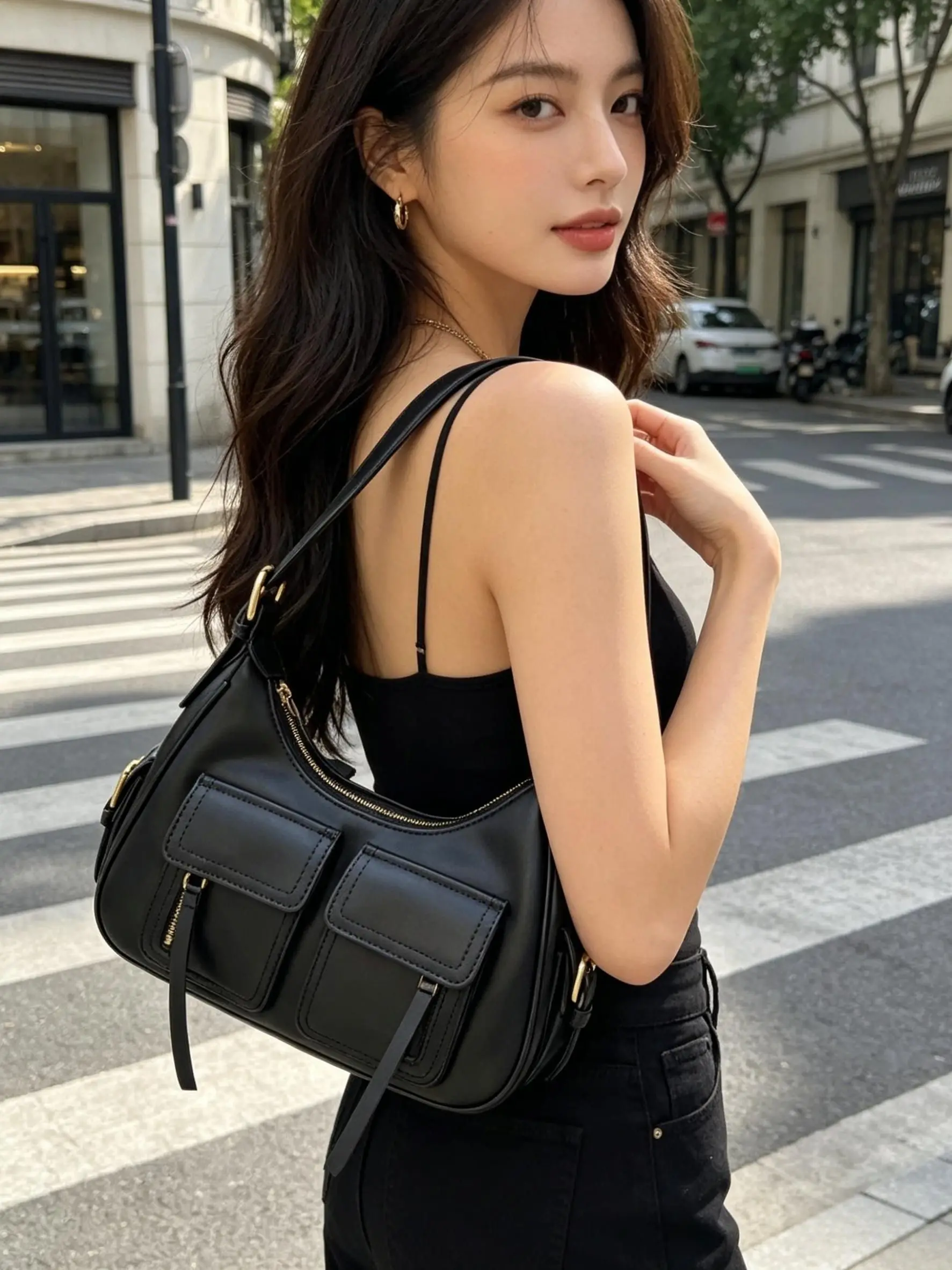 

Large Capacity Clip Lock Shoulder Bag Retro Multi Pocket Lock Messenger Bag Crossbody Bag for Women Casual Simple Style Design b