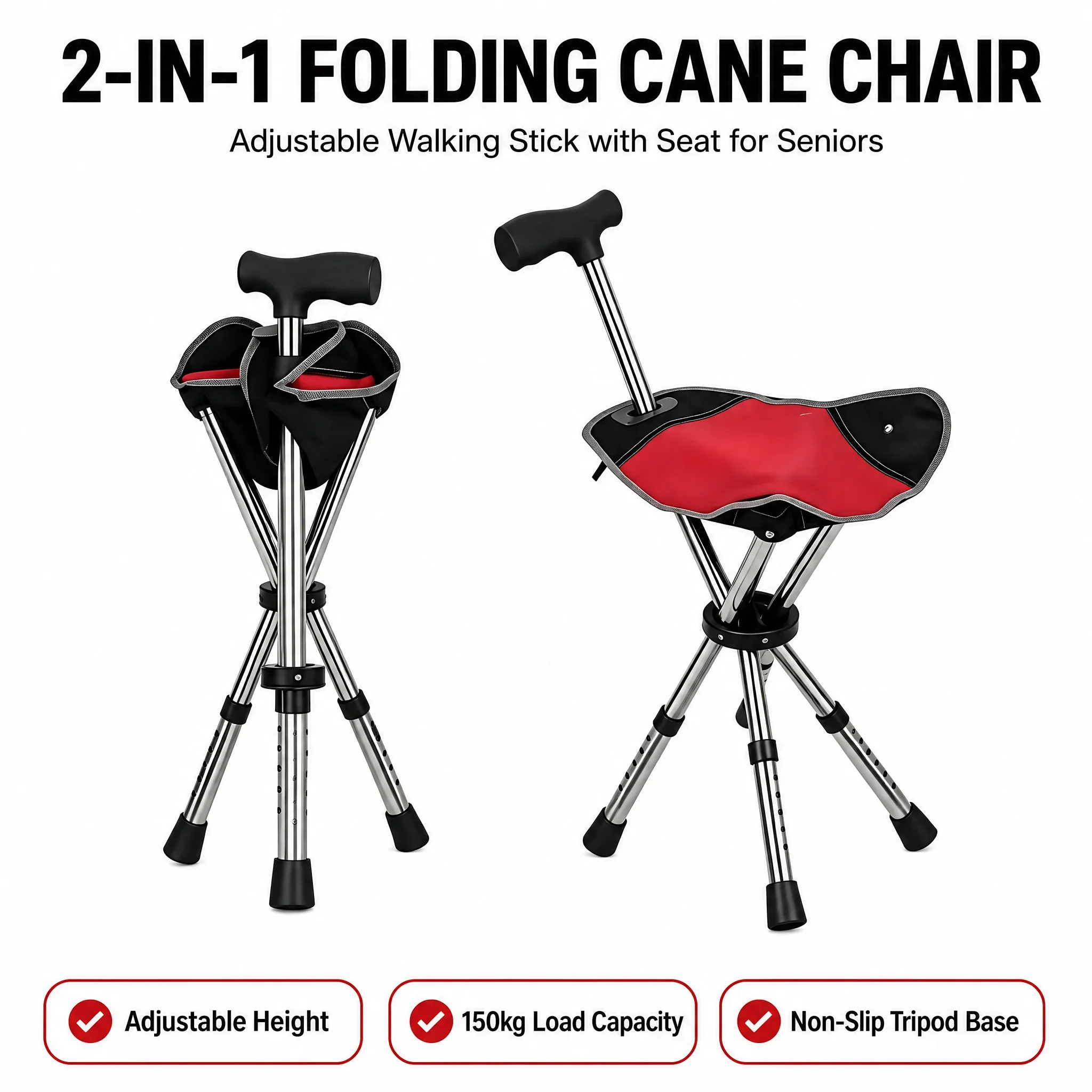 

Folding Cane with Chair, 2-in-1 Telescopic Walking Stick Seat for Elderly, Non-slip Portable Camping Mountaineering Cane Stool