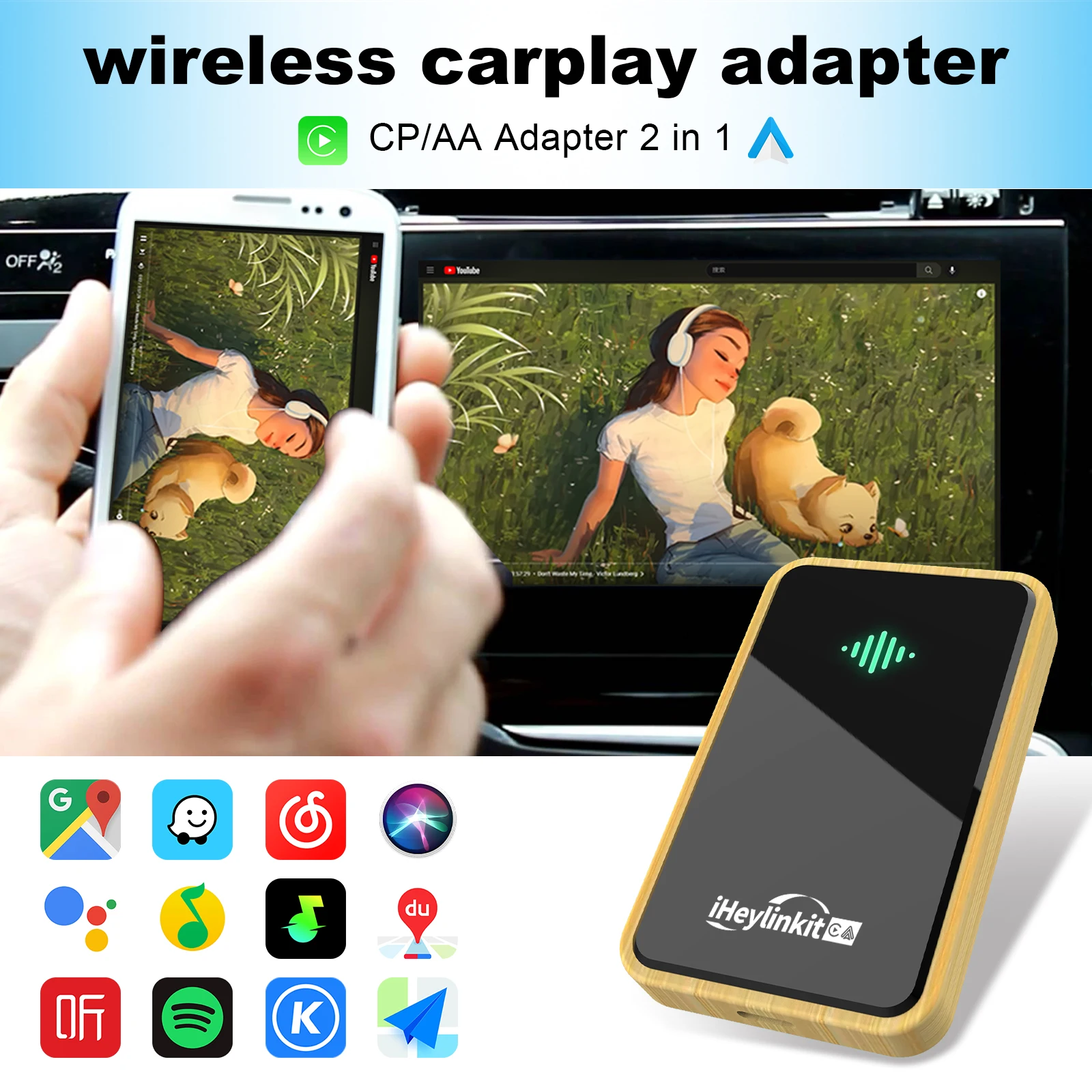 

iHeylinkit 2024 New Bamboo Shell Wireless Android Auto CarPlay Adapter AI Box Dongle Plug&Play For Audi Benz etc.