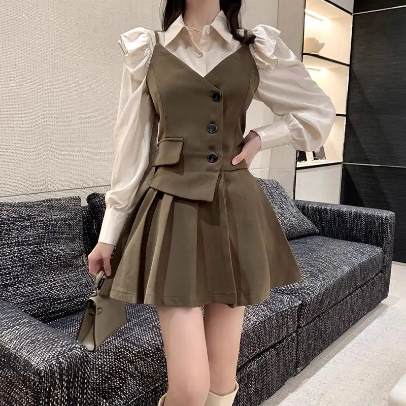 Women's Preppy Style Blouse Overall Mini Dresses Suits 2024 Spring Autumn New Fashion Shirt Tops Slim Strap Dress Two Piece Sets