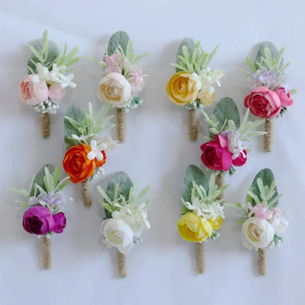 Eenvoudige Kleurrijke Zijden Bloemen Bruiloft Boutonniers Voor Bruids Kunstbloemen Spelden Voor Huwelijksvergadering Ceremonie Damas De Ere