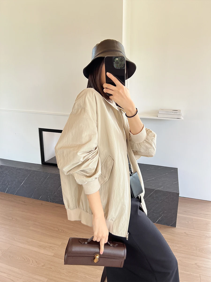 

Amyy Studios Faionable Light Weight Textured Cotton Harlestone Jaet Women's Loose Fit Long Sve Zipper Pure Color Commu...