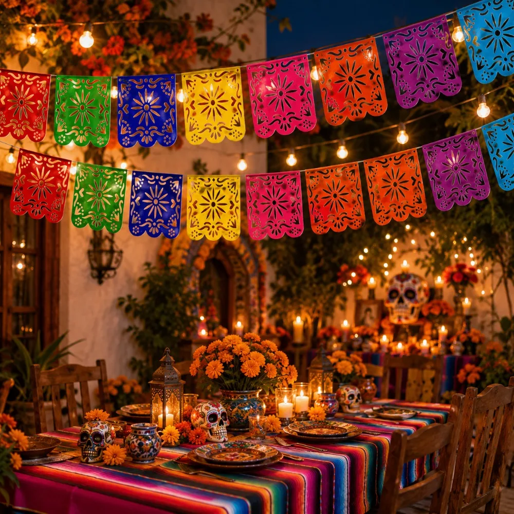 8pcs Halloween Day of the Dead Felt Banner, colorful papel hanging flags. Decor for wall, door, window & balcony.