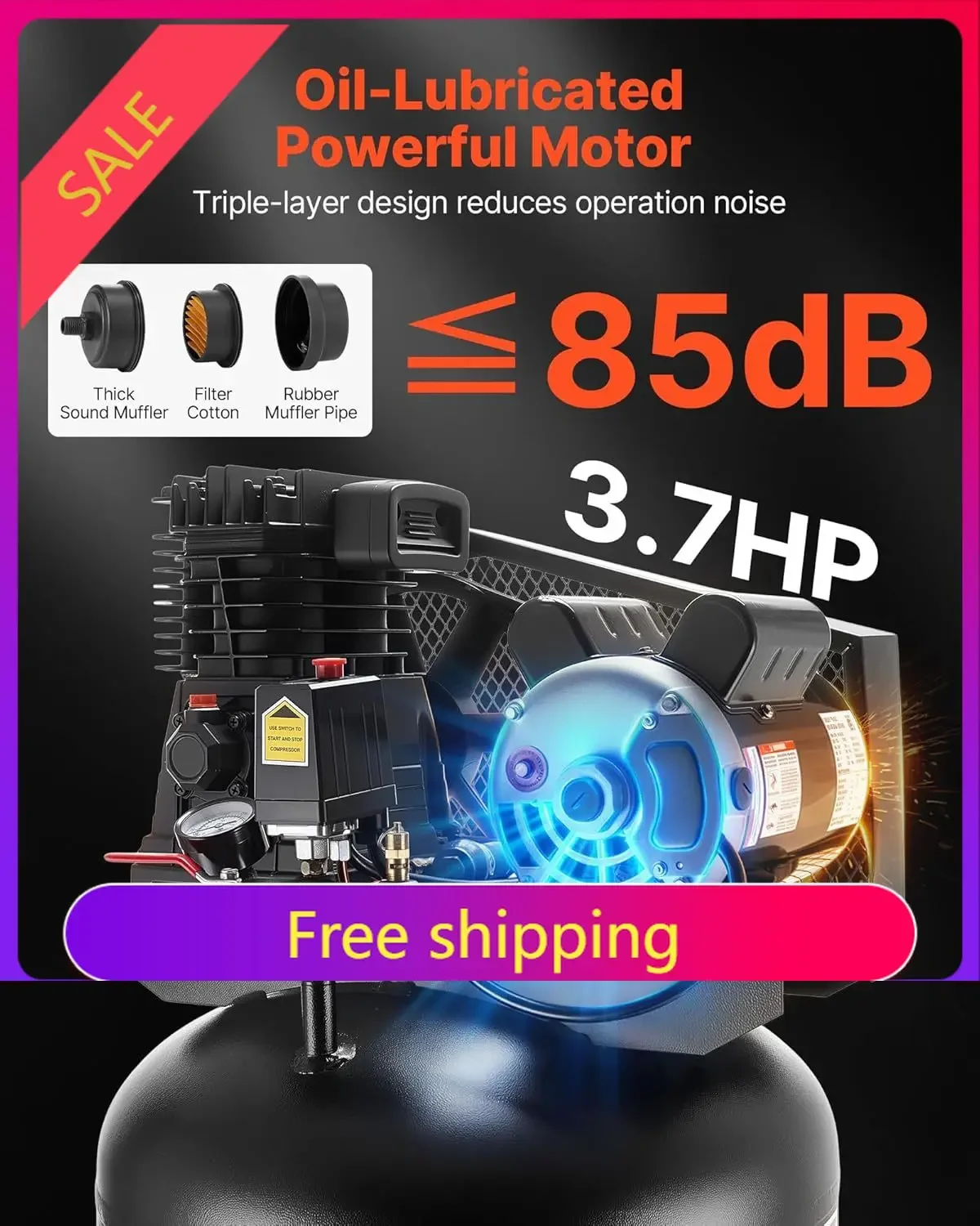 60 Gallons Heavy-Duty Air Compressor, 3.7HP 8 SCFM at 90PSI Air Compressors Max 155PSI Pressure, Oil-Lubricated Compressor Tank